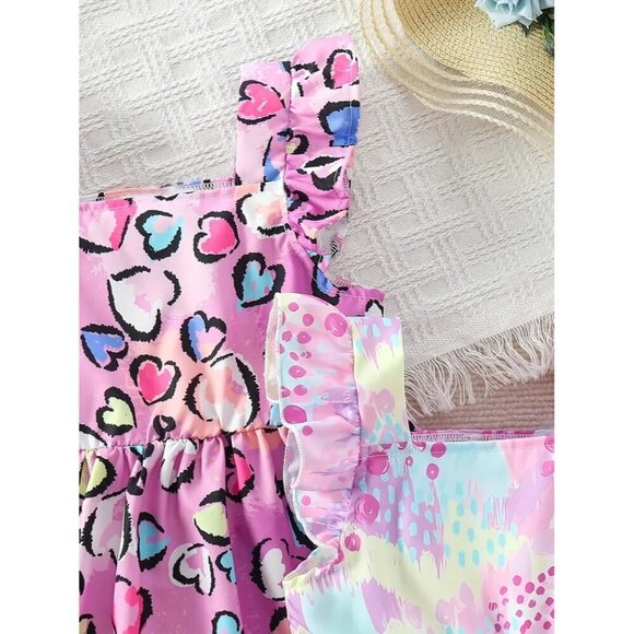 2 Girls Ruffle Trim Heart Print & Colorful Printed Dress Set Sleeveless Sundress - Picture 4 of 5